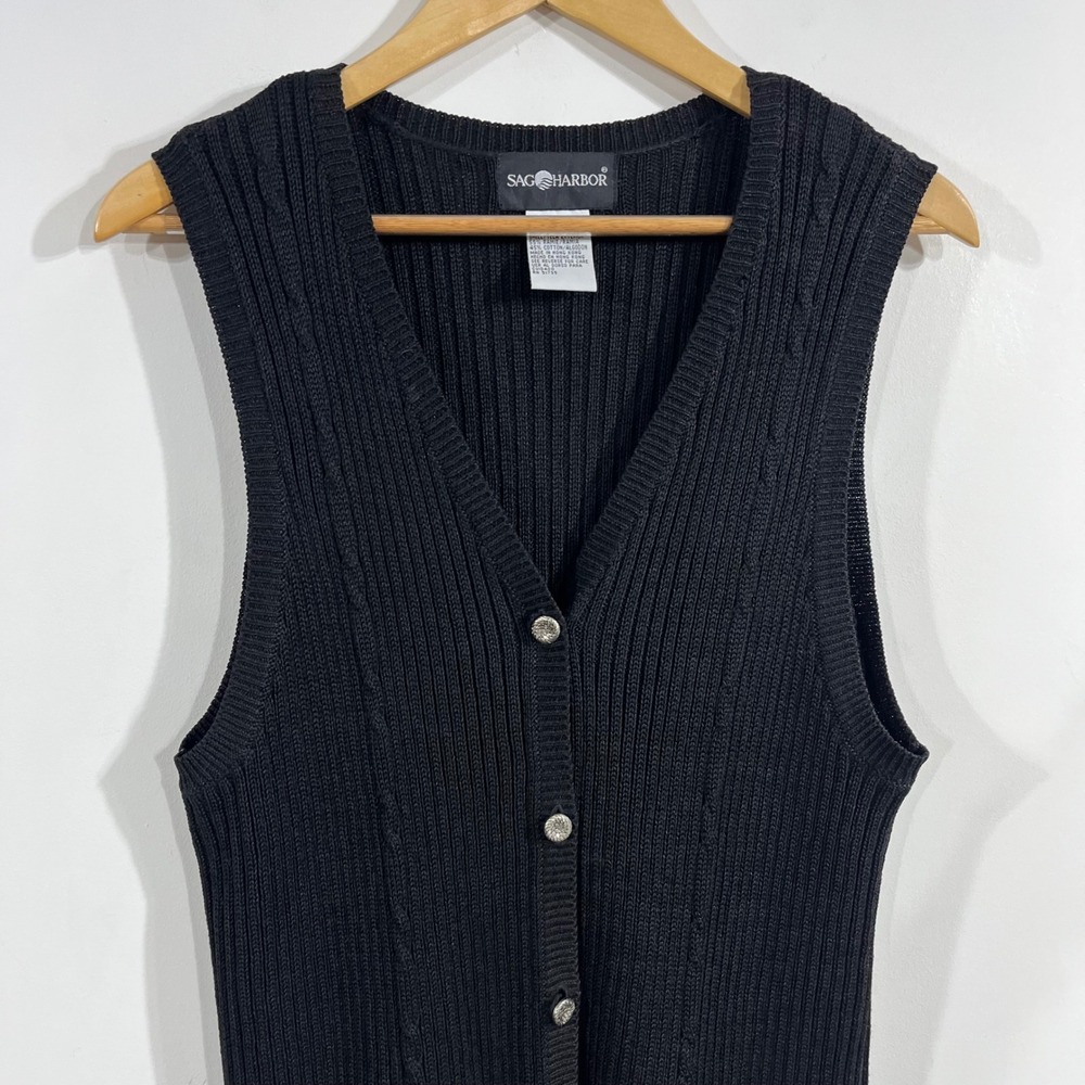 Sag Harbor VTG Boho Preppy Old Money Black Ribbed Knit Sweater Vest Med Granola